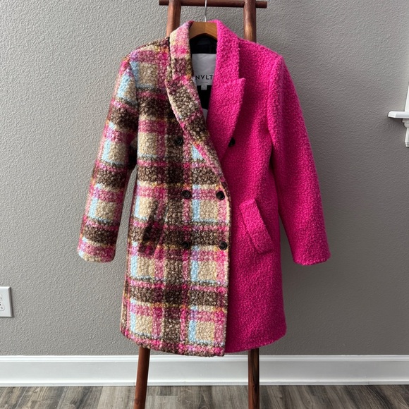 NVLT Boucle Anthropologie Pink Colorblock Teddy Longline Plaid Coat Large - Picture 5 of 14